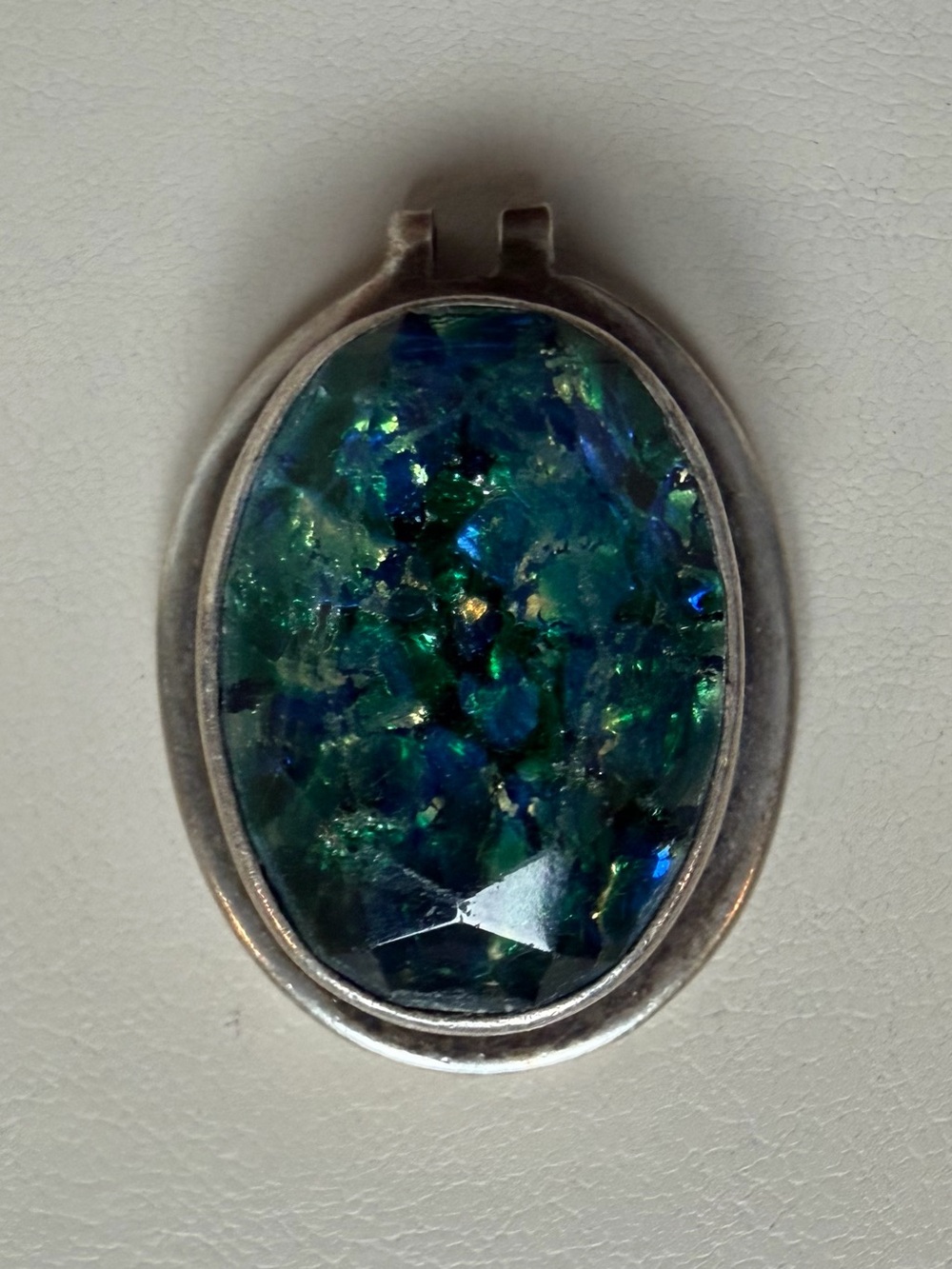 Sterling Silver TAXCO Mexico Pendant 925 Foiled Blue Green Glass Cabochon 1”